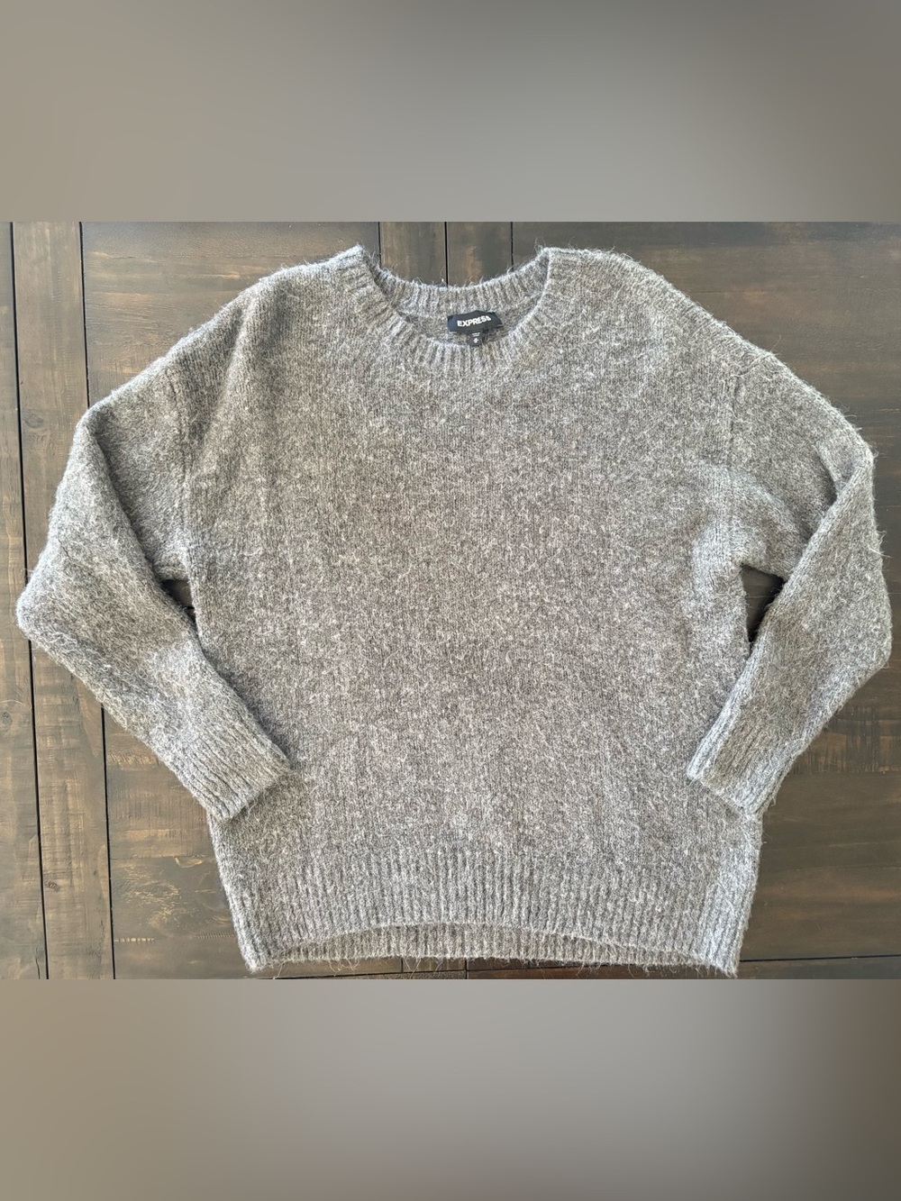 Gray Express M crewneck sweater soft & fuzzy texture with ribbed cuffs and hem